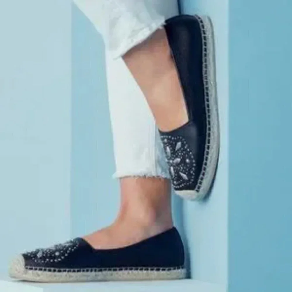 Brighton Black Leather Silver Studded Jett Espadrilles